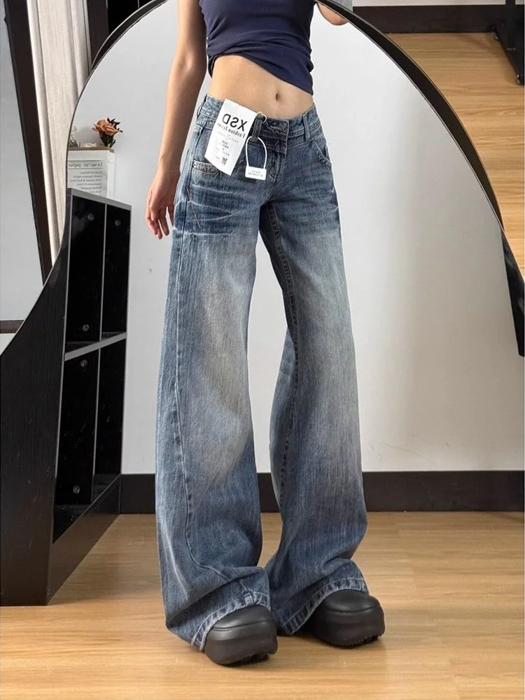 Retro Blue Washed Wide Leg Denim Jeans Women's Low Waist Embroidered Slim Straight Pants Spring 2026 New Style Ladies Jeans