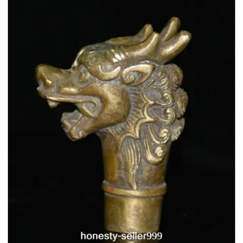 Old Dynasty Bronze Fengshui Zodiac Dragon Head Walking Stick Crutch Head Statue