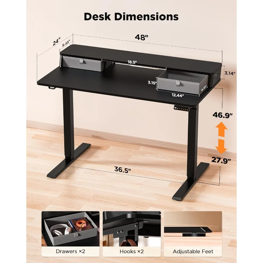 48x24 Ih مكتب قائم مع أدراج مزدوجة CClamp Mount متوافق مع الكهربائية قابل للتعديل ارتفاع الكمبيوتر مكاتب الوقوف المنزل Offi