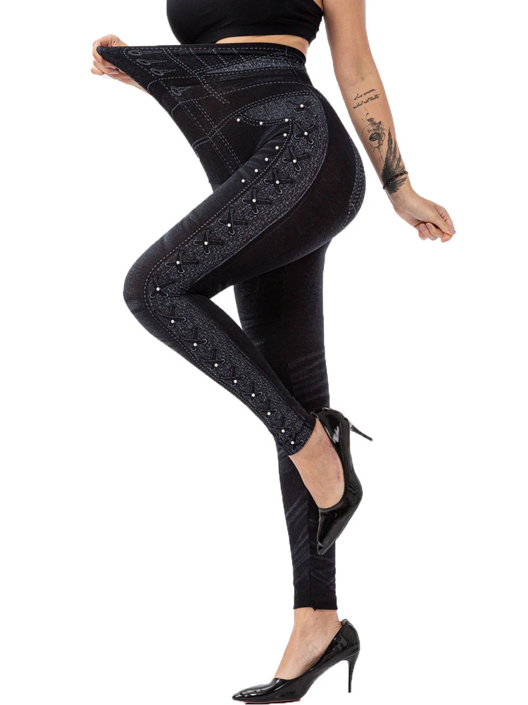 Chsdcsi magro workout leggings lápis calças femininas falso denim grânulo design correndo leggins magro cintura alta elástico sem costura