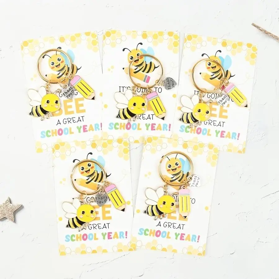 1/5/10/20/50/100pcs Pencil Bee Keychains, Thank You Charms, with Back-to-School Gift Cards, Suitable for Student Back-to-School