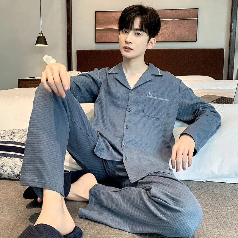 Korean Fashion Cotton Men\'s Long Sleeping Sleepwear Spring Cardigan Nightwear Youth Boy Nightwear Casual Loungewear pyjama homme