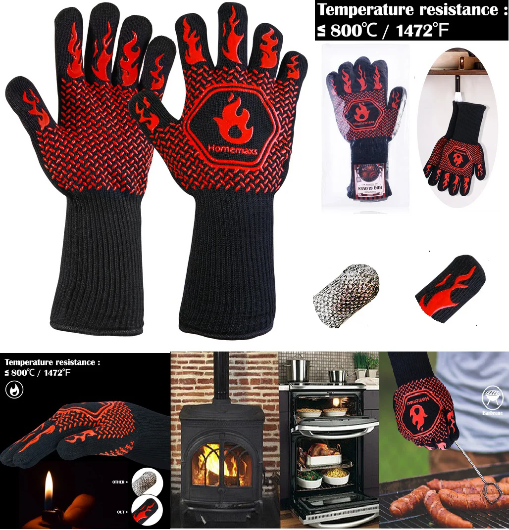 HOMEMAXS Par de manoplas para horno resistentes al calor inferiores a 800 ℃   Guantes protectores para asar barbacoa y silicona de algodón (negro, rojo)