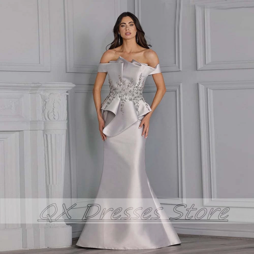 Customized Latest Women Elegant Mermaid Guest Wedding Dresses Off Shoulder Satin Groom of the Bridal Dress 2022 Sleeveless Maxi