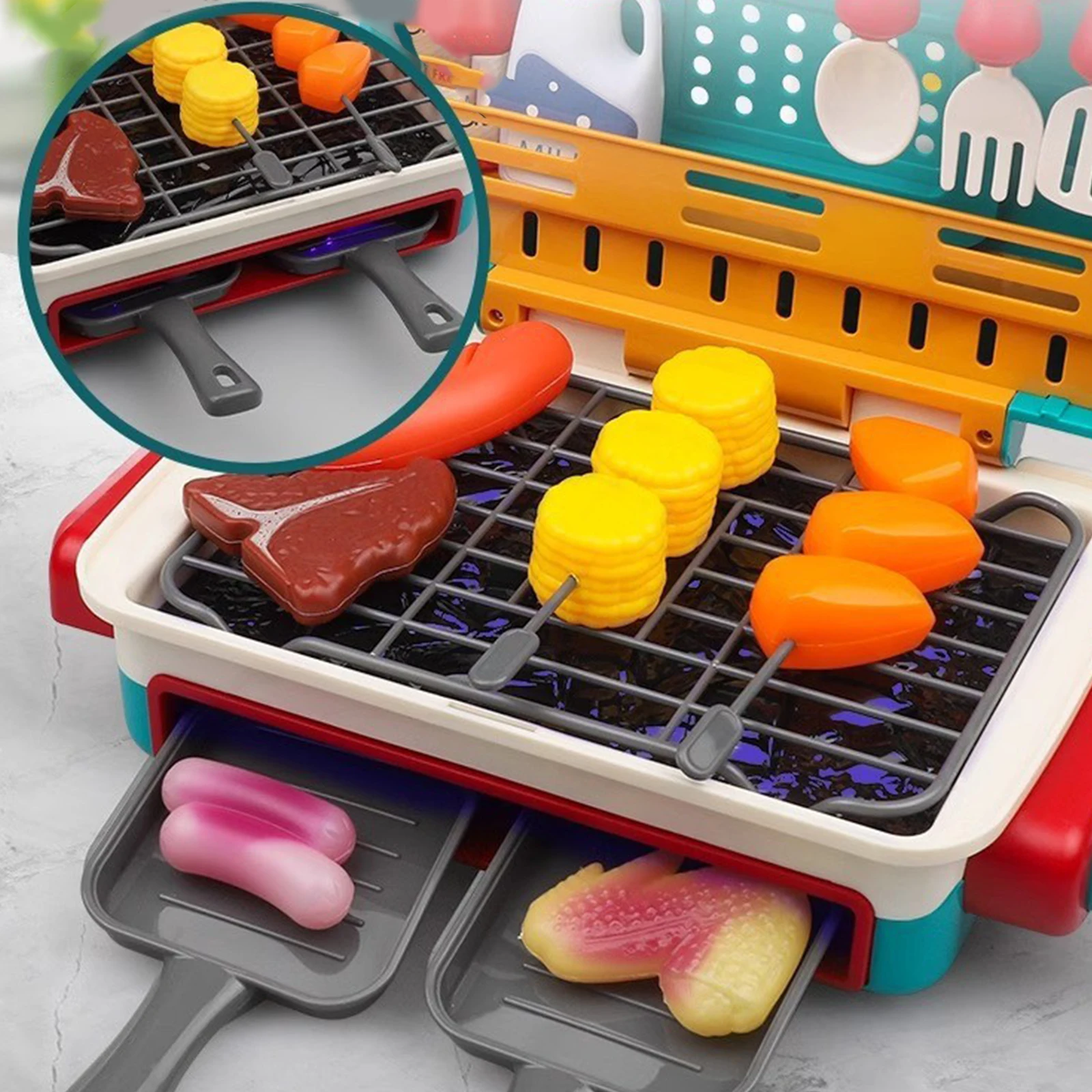 

Kids Play Kitchen Toys with Smoke Light Sound & Color-Changing Food Barbecue Toy Indoor Outdoor Cooking Toy for Toddlers 3-5