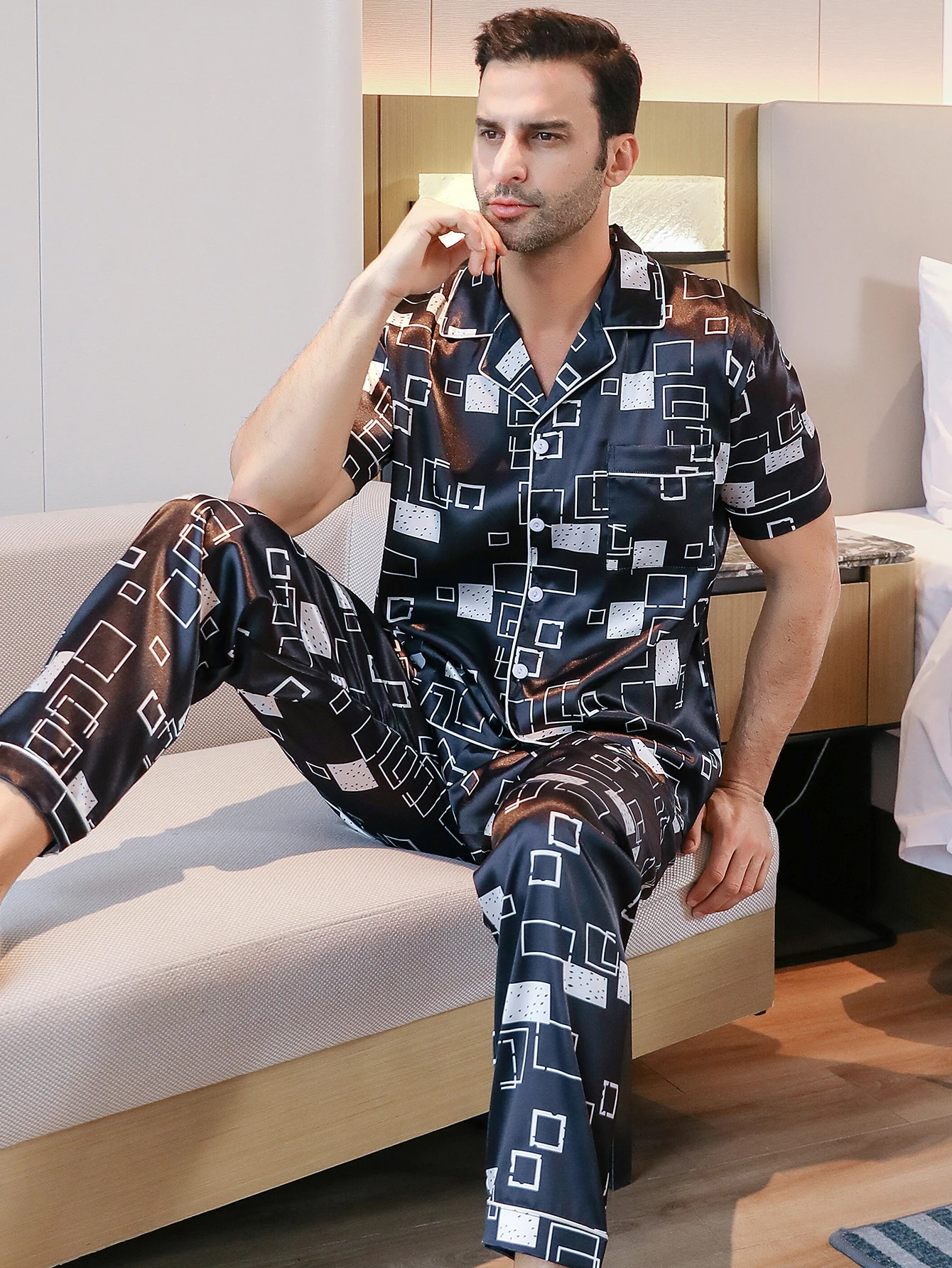 Two piece sets men's sleepwear summer short sleeved pants checkered printed home clothes sleepwear set