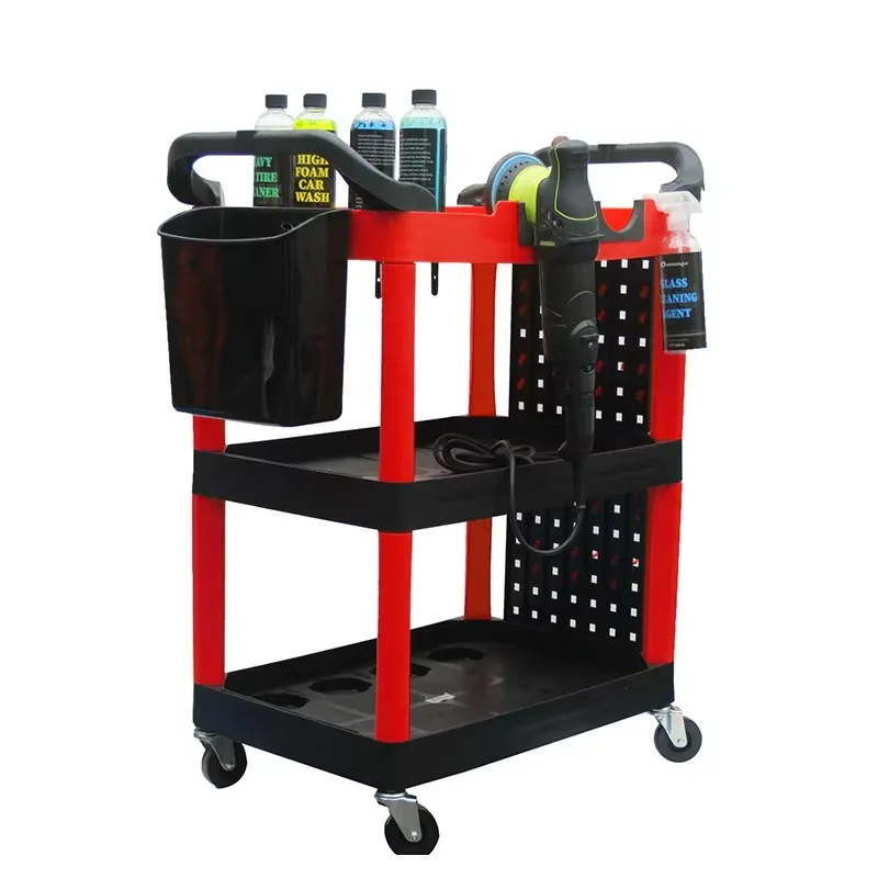 Troli Detailing Mobil 3 Tingkat dengan Roda, Troli Detailing Beroda dengan Plat Gantung Panjang & Pengait & Ember Gantung, Troli Organizer Cuci Mobil