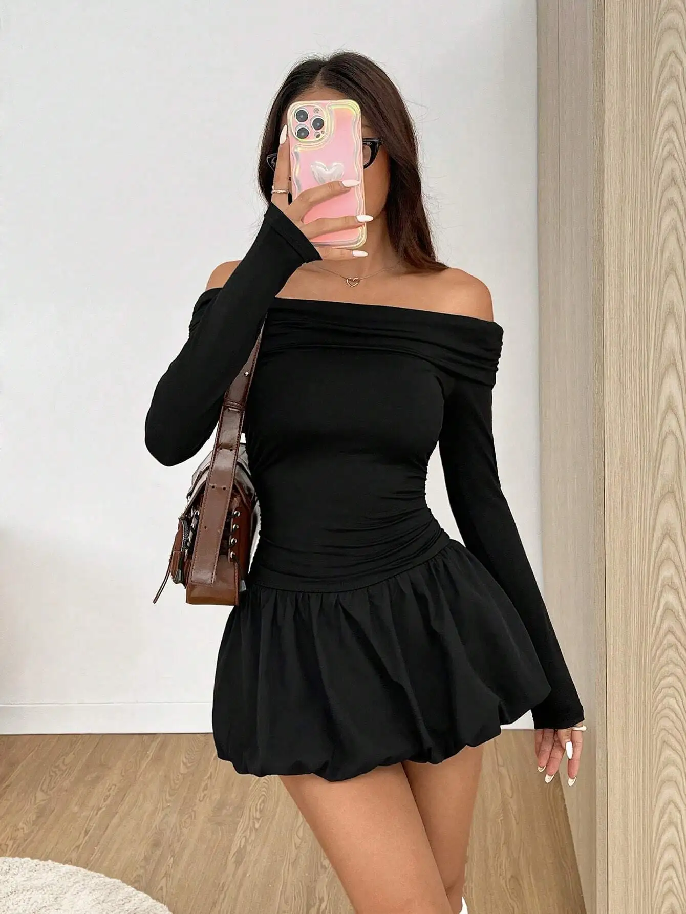 Women's Solid One-Shoulder Long Sleeve Ruffle Hem Mini Dress For Spring & Autumn,Summer Dresses For Women