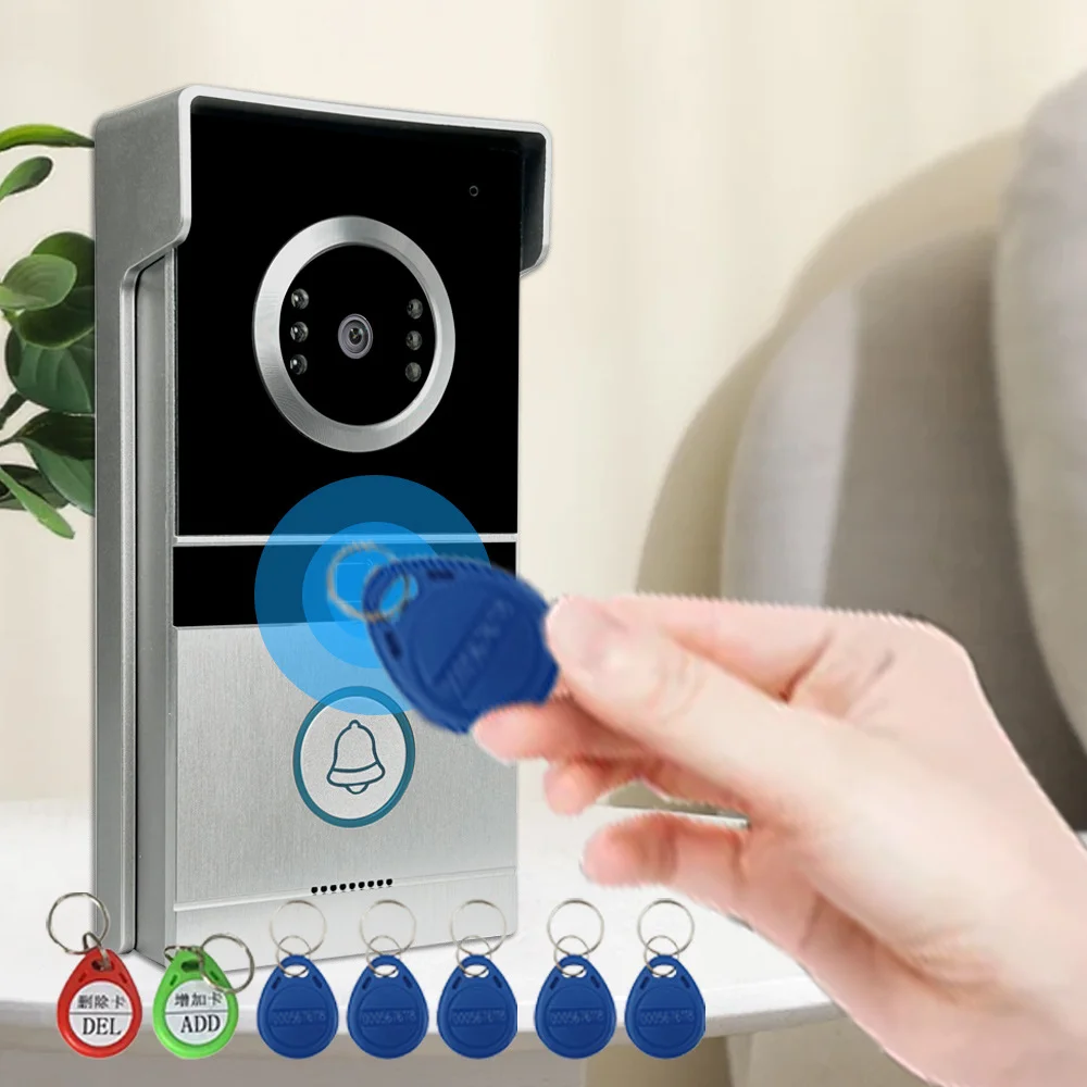 Anjielo 4-wire 7-inch Wired Swipe Card Password Unlock Video Doorbell Intercom System, Infrared Night Vision Doorbell for Home