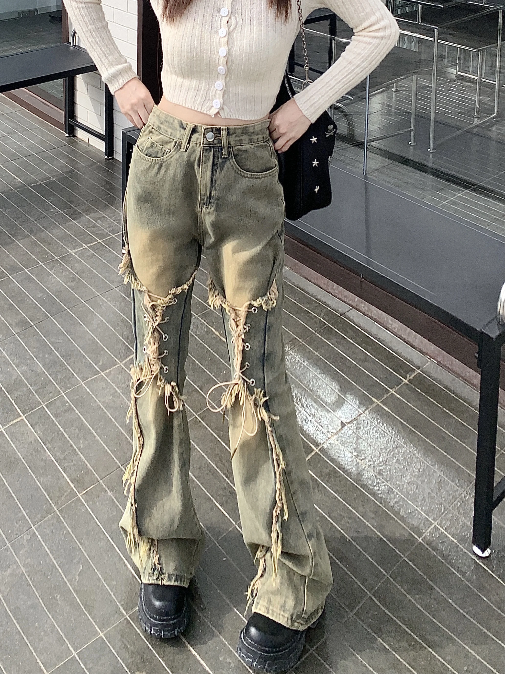 Women Baggy Blue Ripped Jeans Vintage Aesthetic Cowboy Pants Harajuku Denim Trouser Streetwear Y2k 2000s Trashy Oversize Clothes