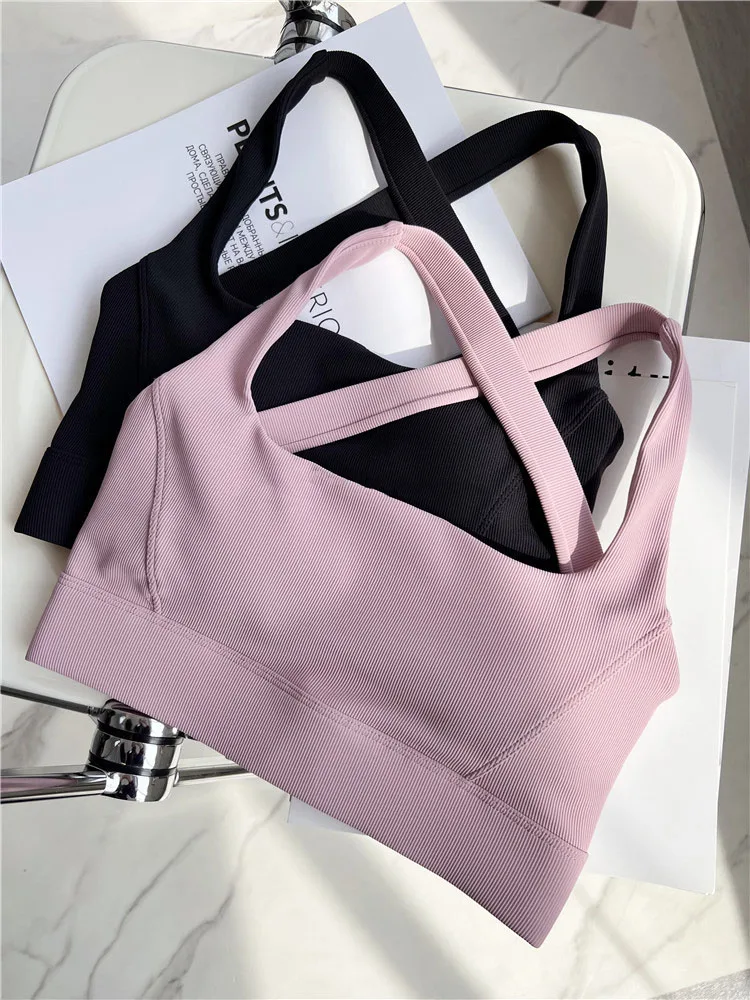 Criss Cross Sports Bra Medium Support Brushed Gym Fitness Workout Push Up Bra with Removable Padding