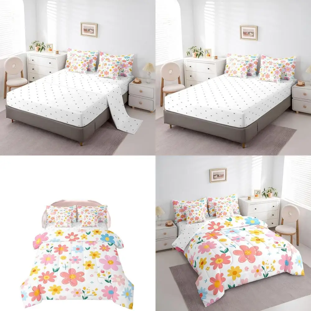 

Полноразмерный детский комплект постельного белья с цветочным принтом: милое мультяшное одеяло из 7 предметов с простынями для девочек, малышей в желтом и розовом стиле Kawaii