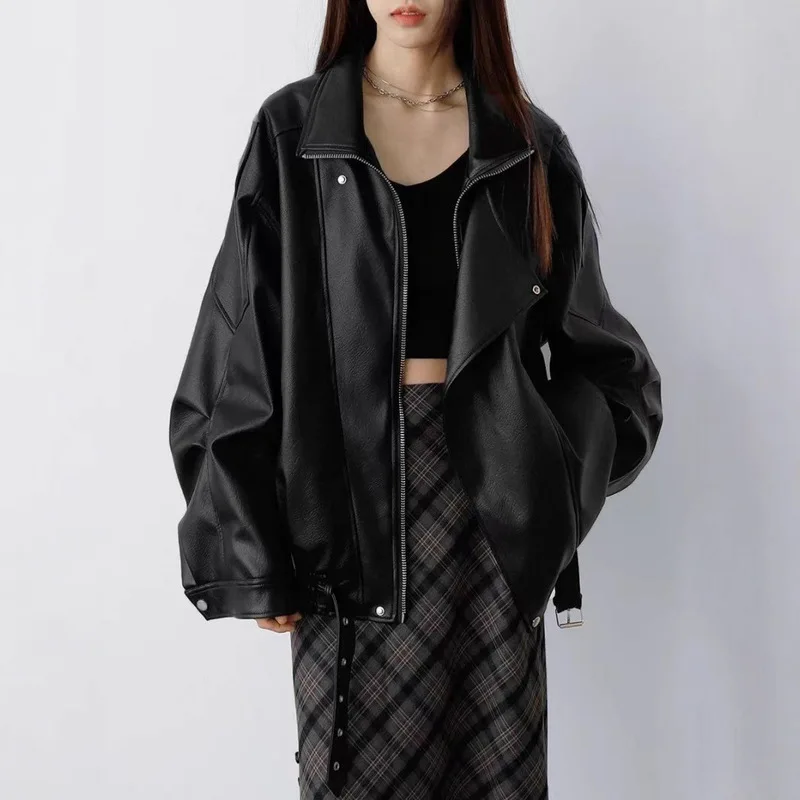 HELLOMARCEL US EU Size Luxury Quality Women Faux Leather Jacket Heavy-Duty Oversize Vintage Washed Motorcycle Jacket