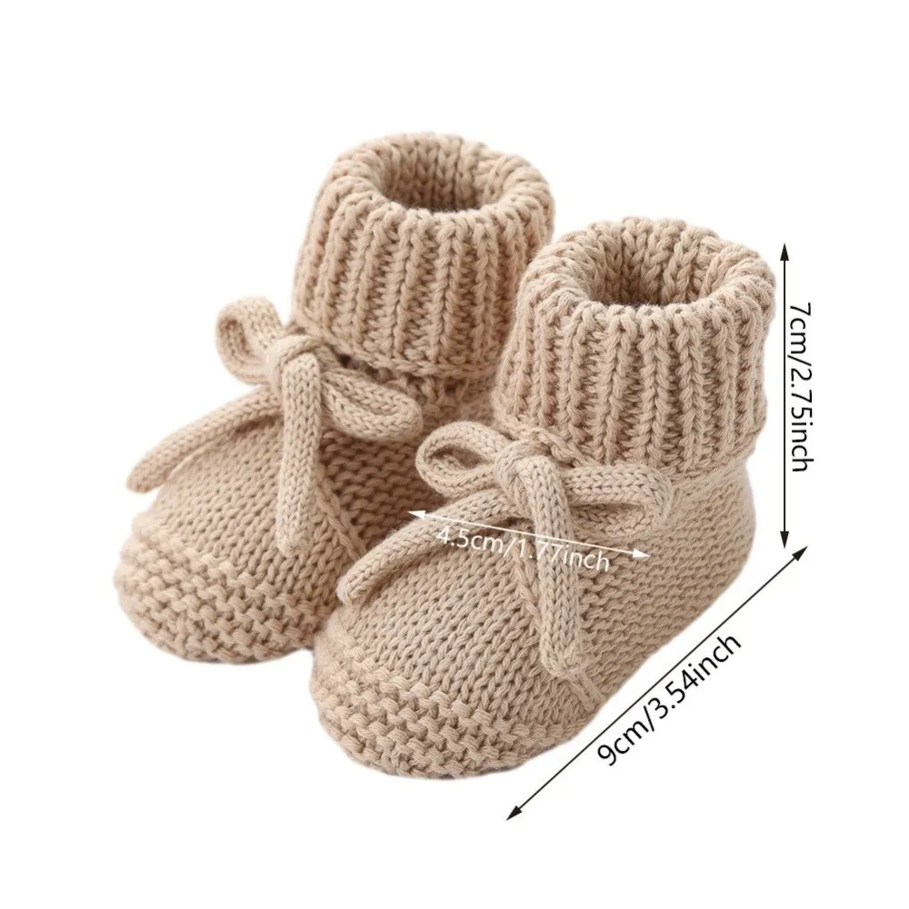 Nuevos zapatos bonitos para caminar con lazo, zapatos cómodos tejidos para niños pequeños, calcetines suaves y cálidos para gatear en el suelo para recién nacidos de 0 a 12 meses