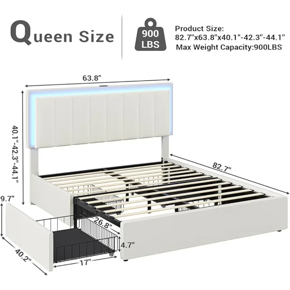 Nordic Minimalist Queen Bed Frame, with Charging Station Leather Upholstered Bed, 4 Storage Drawers LED Platform Bed