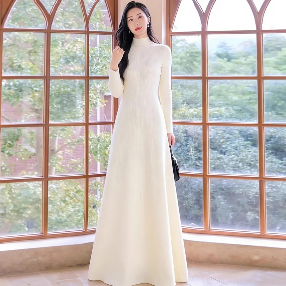 

New Women Elegant Basic Sweater Dress Autumn Winter Fashion Turtleneck Long Sleeve Slim Waist Knitted Dress Delicate Style Dress