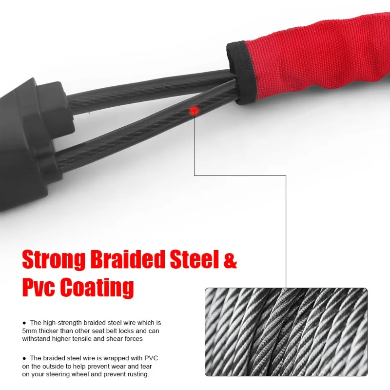 Trava de volante de carro com soquete de cinto de segurança, corda de aço para caminhão, suv, van, rv, com 3 chaves, dispositivo de proteção universal antirroubo