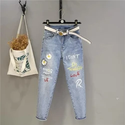 Vintage Flowers Embroidery Jeans New Spring Autumn Women Denim Trousers High Waist Harem Jeans Casual Cowboy Ankle-Length Pant