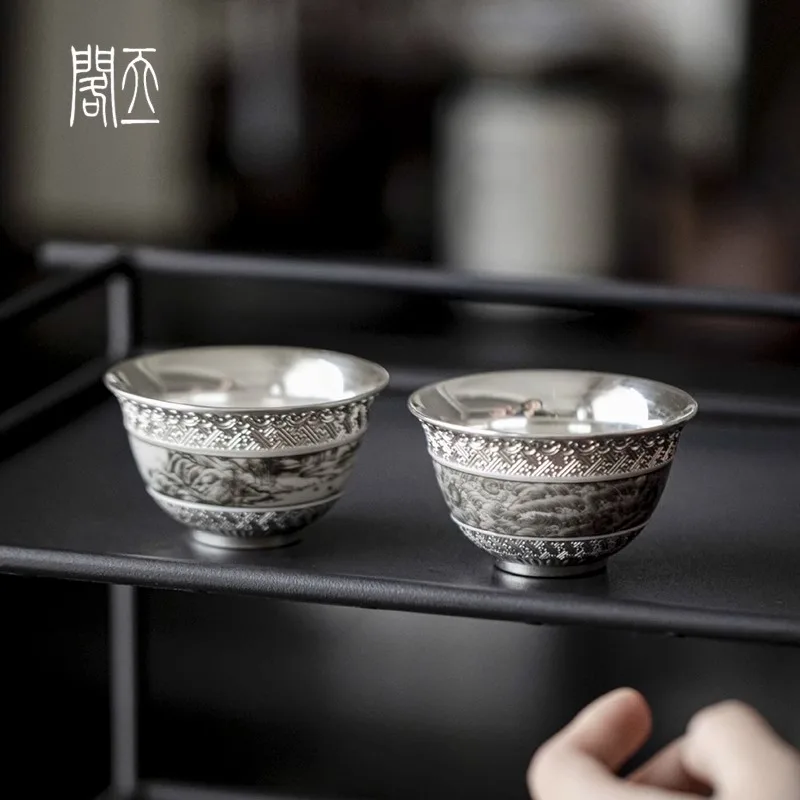 

999 Pure Silver Gilt Landscape Master Cup Ceramic Chinese Household Tea Cup Tasting Cup Kung Fu Tea Set