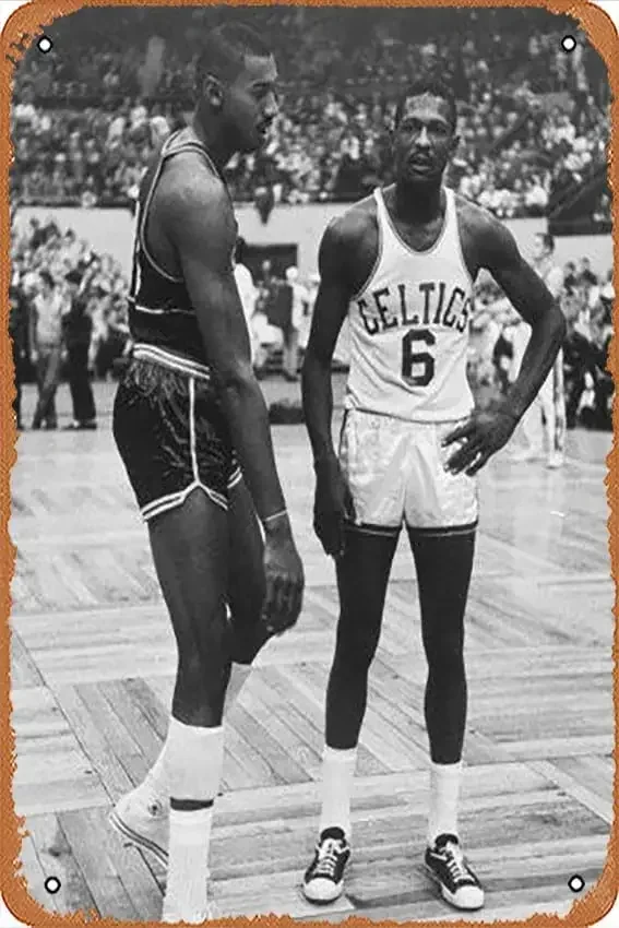 Metal Tin Sign - Basketball Players Bill Russell and Wilt Chamberlain During Game - Poster Metal Plaque Cafe, Bar, Home Wall Dec