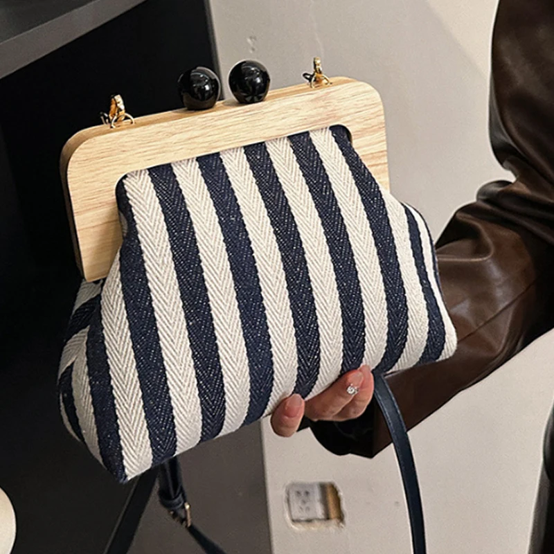 

Новая черная полосатая холщовая деревянная сумка с зажимом, женская сумка, модная сумка через плечо, сумка через плечо