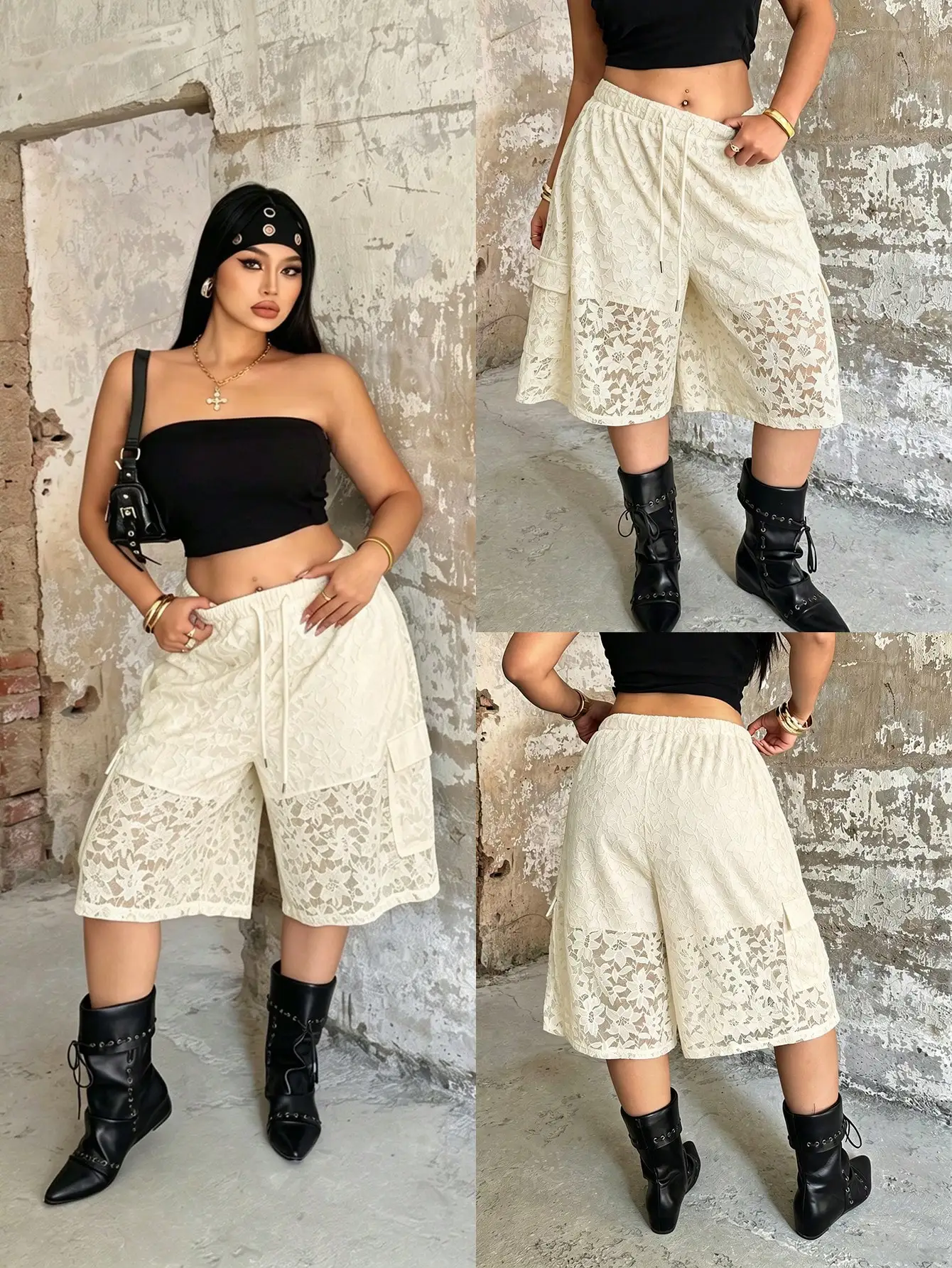 Plus-Size Damen Spitzen-Cargo-Bermudashorts, Sommer-Shorts mit elastischem Kordelzug in der Taille, ausgeschnittenem Blumenmuster und knielanger Länge, Y2K Streetwear – Detail 6