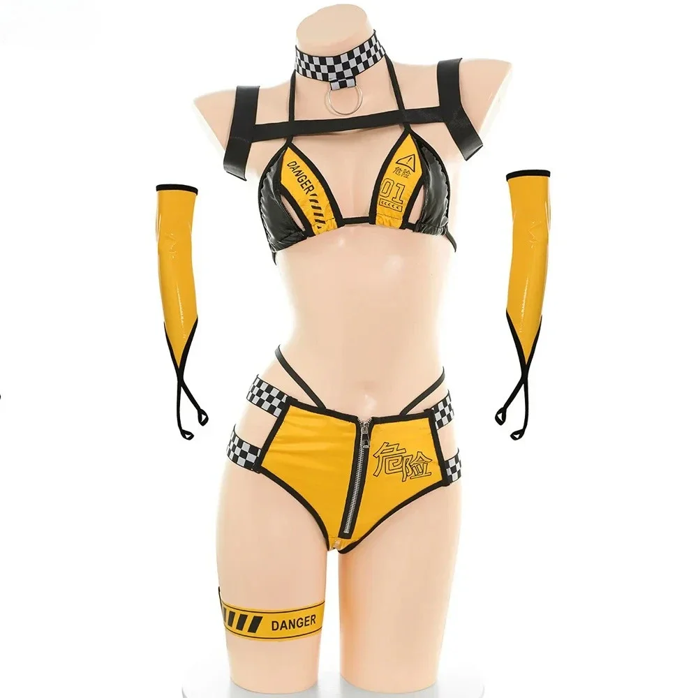 أنيمي سباق السيارات نموذج موحدة دراجة نارية فتاة الأصفر خطر تحذير ملابس تأثيري حلي بولي Leather الجلود لعب الأدوار الملابس الداخلية #1