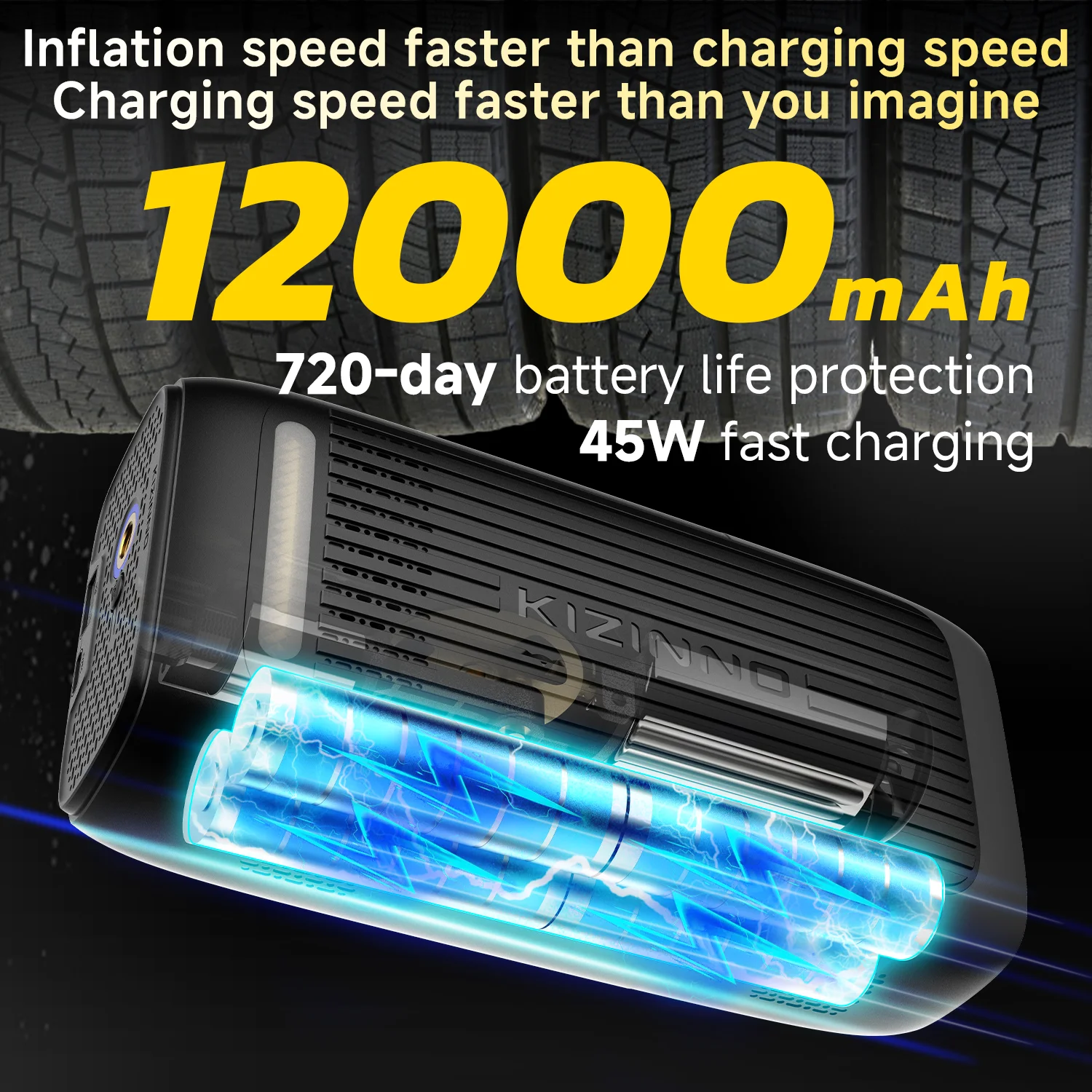 Bomba de aire portátil de alta resistencia, 150 PSI, inflador de neumáticos eléctrico e inalámbrico, manómetro digital, compresor con función de parada automática inteligente, 12000 mAh.
