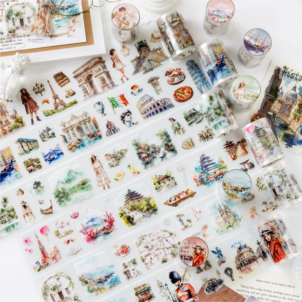 

60mm*200cm Travel Landscaping Story Series Vintage Character Building PET Tape Creative DIY Journal Collage Material Stationery