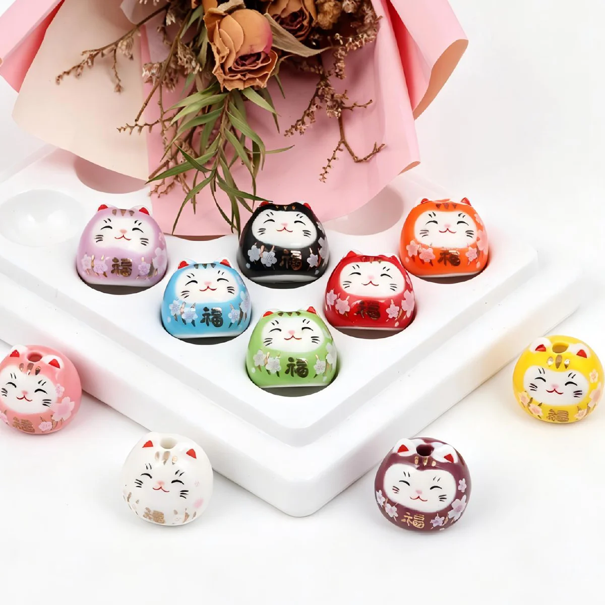4/9pcs Random Color Daruma Maneki Neko Ceramic Beads 15mm Loose Beads For DIY Bracelet Necklace Hair Accessories Craft Making