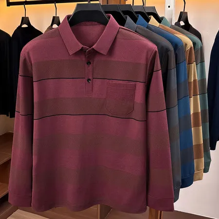 Einfaches Herren-Poloshirt mit langen Ärmeln, Kragen, Brusttasche, Knopfleiste, für Büro, Frühling, Herbst, Freizeit. – Detail 13