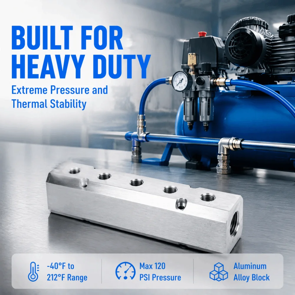 40mm High Flow Rate Pneumatic Manifold 1/4in NPT Output 1/2in NPT Supply Compressed Air Manifold Silver 5 Way Air Splitter