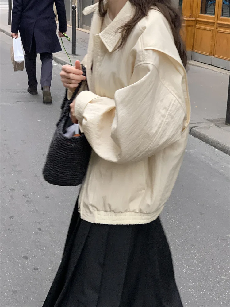 

Smoid Retro Casual Thin Cotton Wool Jaet Loose Women's Outerwear Korean Sle Long Sve Zipper Closure Pure Color