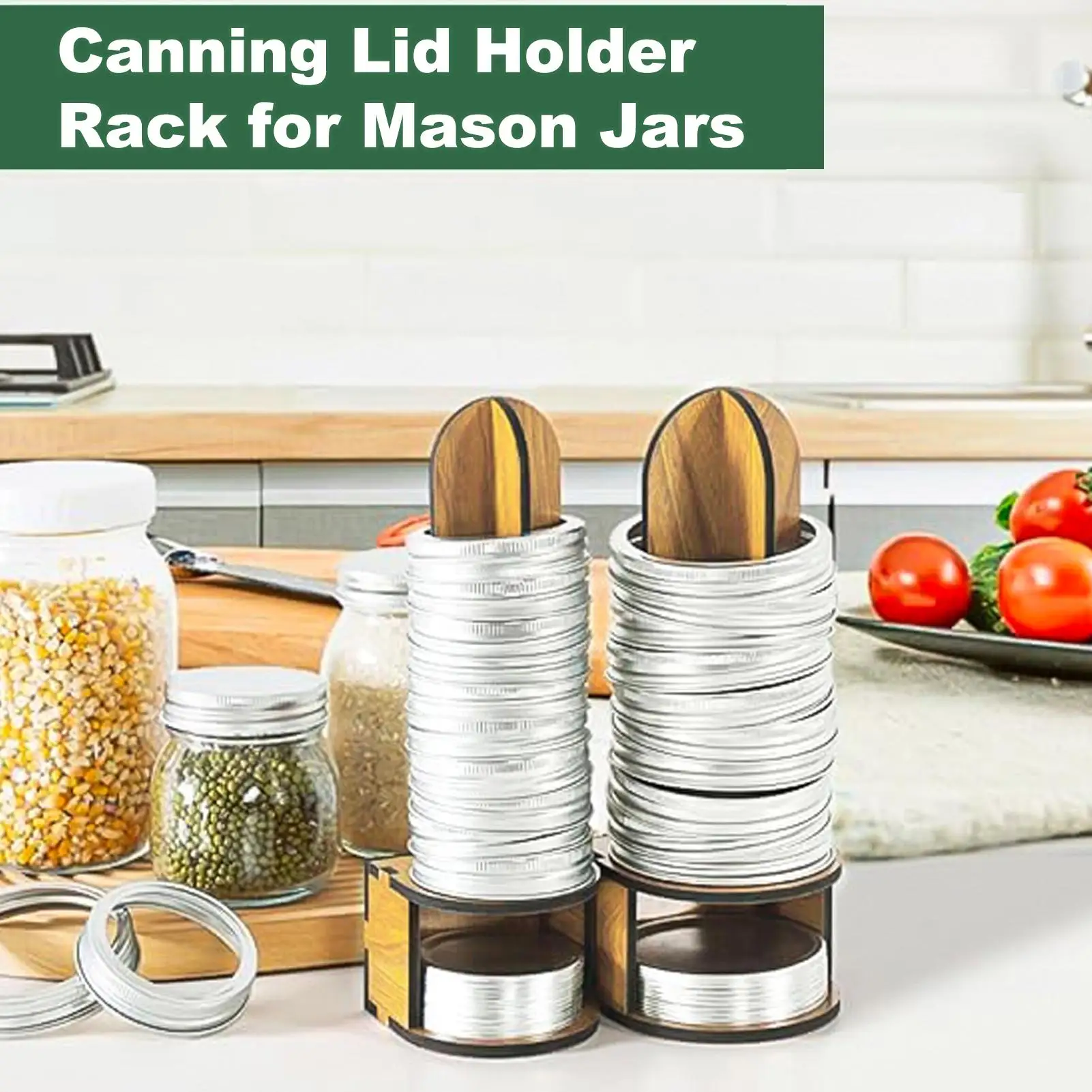 Estante para tapas de conservas, 2 piezas, tapa de lata de madera y anillo de almacenamiento, tarro para salsa, organizador de anillos para hacer mermelada, encurtidos de verduras y alimentos