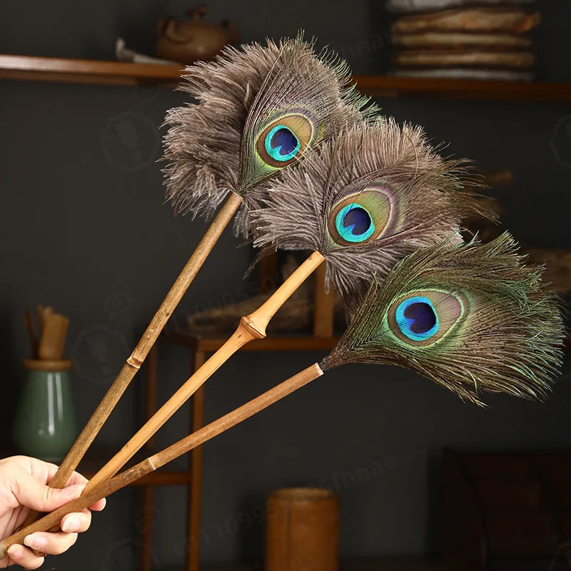 Bamboo Handle Ostrich & Peacock Feather Duster, Vintage Household Dust Cleaner & Home Decor Gift