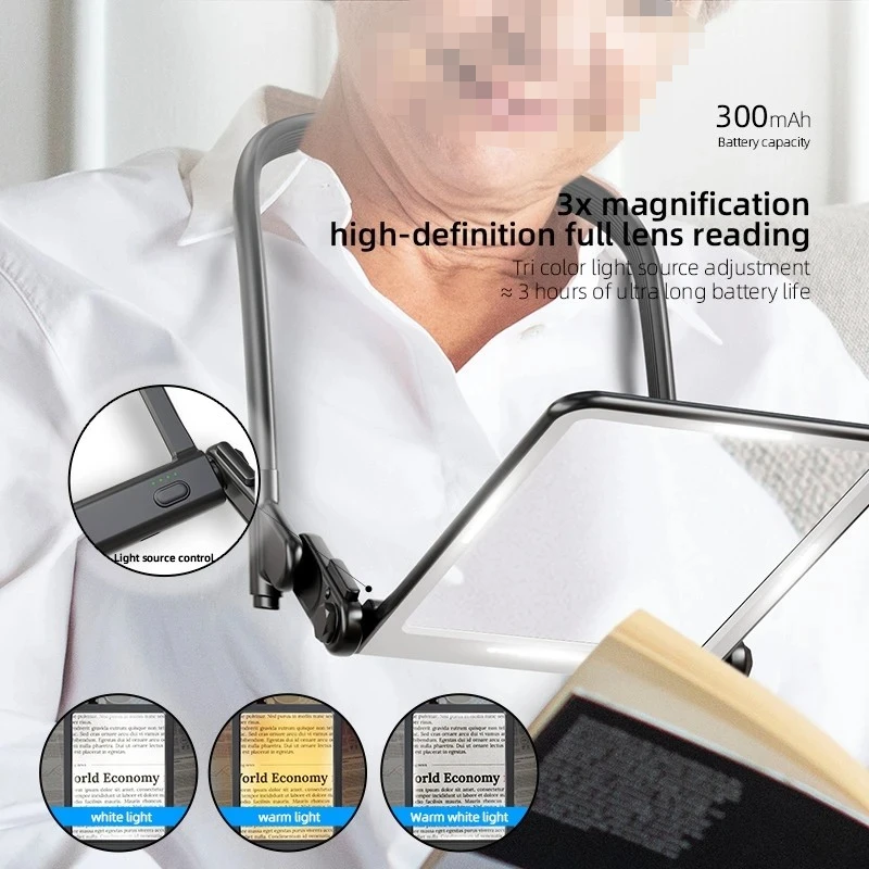 3X High Definition Magnifier Led Reading Magnifying Glass with Light, Multifunctional Hanging Neck, Handheld Desktop Charging