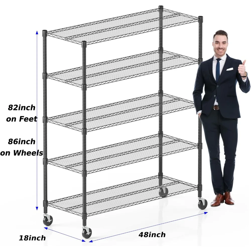 Heavy Duty 5 Tier Adjustable Metal Shelving Unit with Wheels for Commercial Storage, Garage Organization Solutions