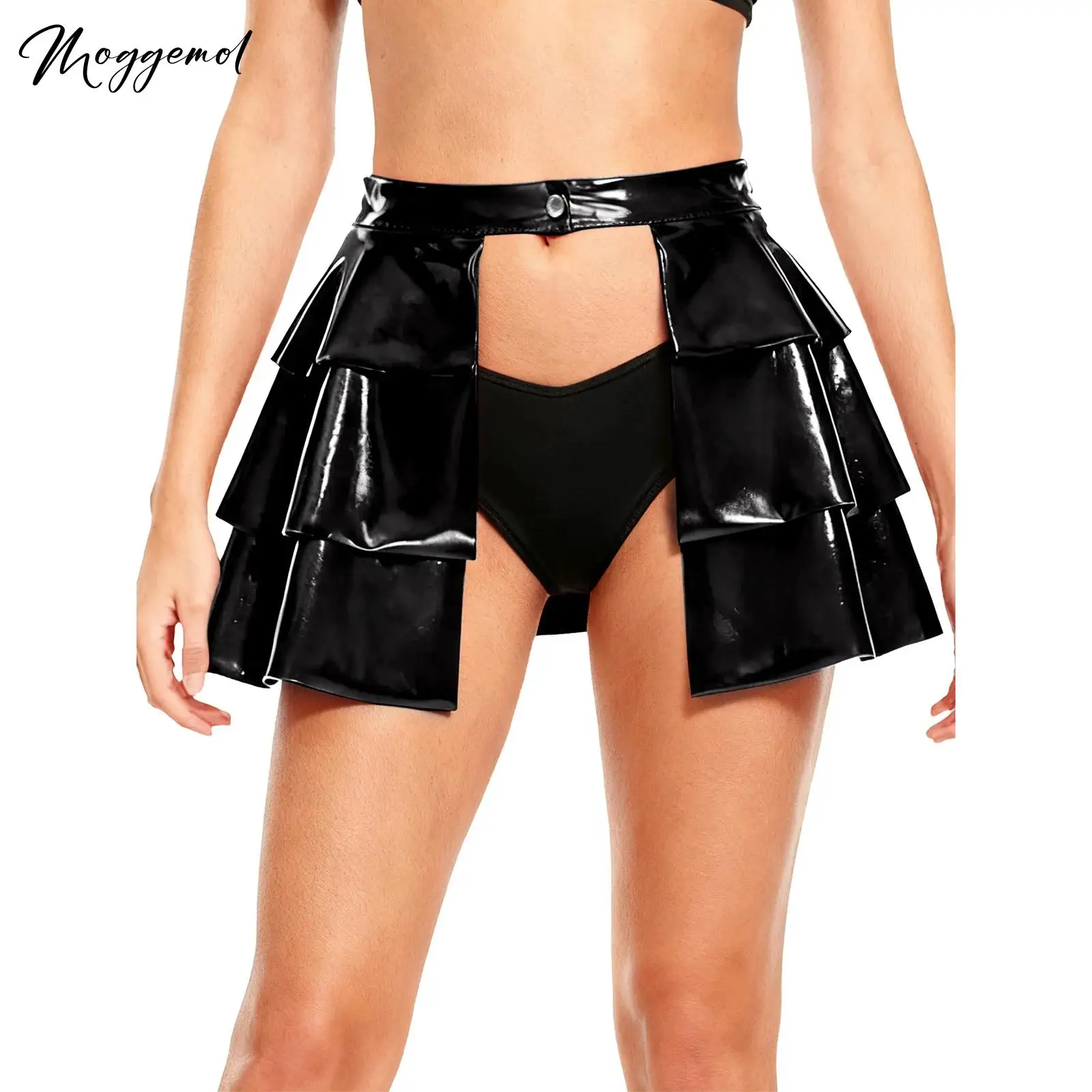 Womens PU Leather Skirt Front Open One-button Waist Tiered Ruffled Hem A-line Miniskirt for Nightclub Pole Party Dance Nightwear