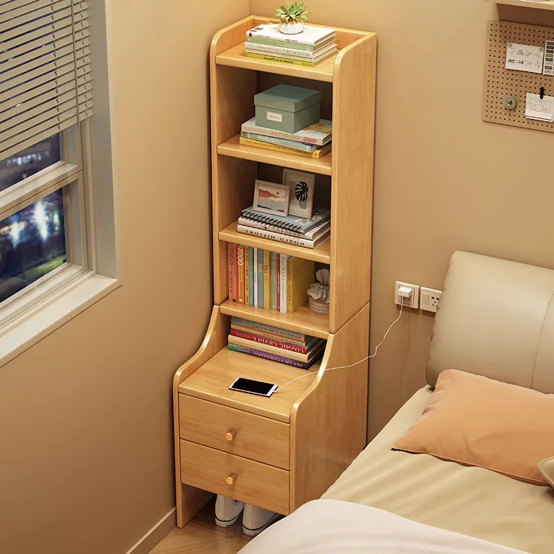 Solid wood bedside table with bookshelf and storage unit, three-layer home storage cabinet, suitable for small apartments.