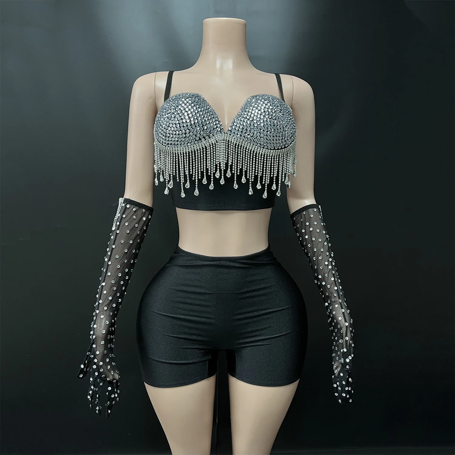 

Women Special Occassion Dance Outfits Dress Diamonds Tassel BusiterTop And Bodycon Shorts With Gloves 3 Pieces Sets Costumes