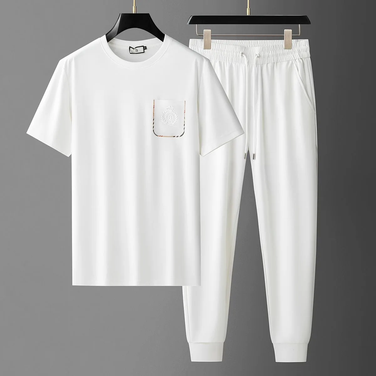 Summer New Fashion Trend Solid Color Short Sleeve T-shirt Set Men's Loose Sport Comfortable Breathable Large Size Two-Piece Set