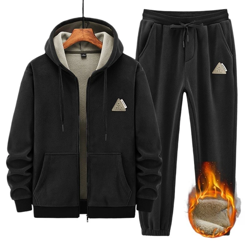 

2025 Winter New Warm Two-Piece Set Thickened Fleece Lined Hoodie and Sweatpants Men's Casual Sportswear
