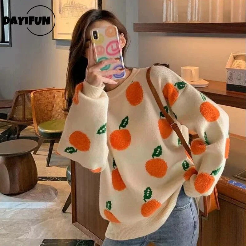 Korean Style Fashion Loose Jumpers Women Orange Embroidery Sweater Long Sleeve Turtleneck Knit Pullovers Female Autumn