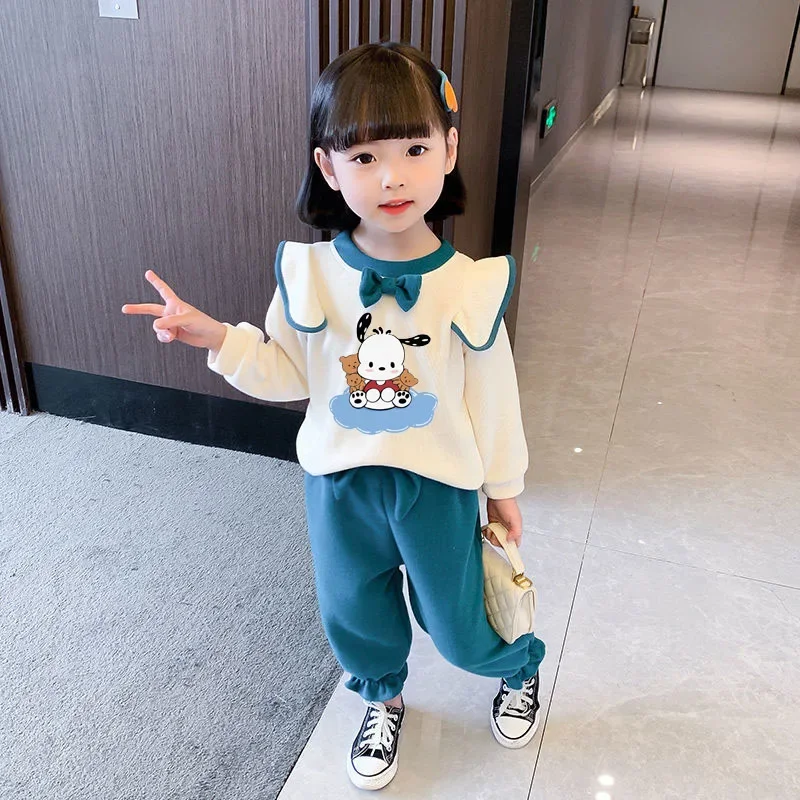 Anime Sanrioed Kuromi My Melody Pochacco Kids Fashion Outfit Girl Cute Bow Tops Pants Two Piece Korean Style Children's Clothes