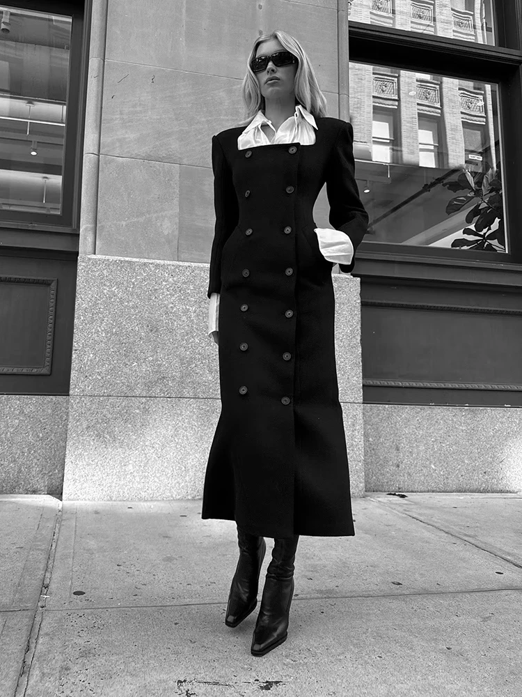 معطف طويل من الصوف مزدوج الصدر باللون الأسود صورة ظلية منظمة بقصة ضيقة معطف صوف طويل للنساء وصل حديثًا لشتاء 2025