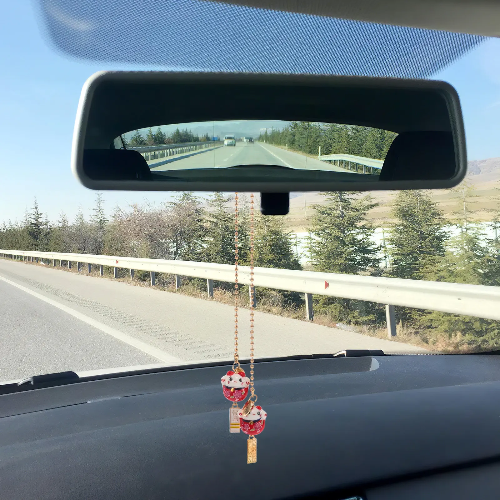 Fortune Cat Car Charm Ceramic Cute Hanging Ornament Rearview Mirror Lucky Charm Decor Car Interior Chinese Hanging Pendant