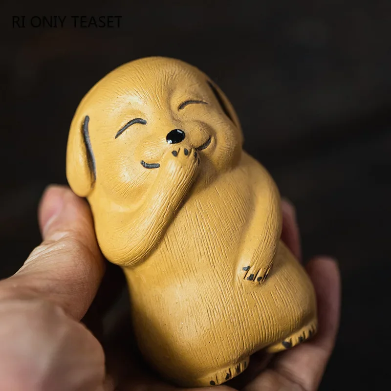 Yixing Purple Clay Tea Pet Chinese Zodiac Dog Statue Ornaments Handmade Sculpture Tea Figurine Crafts Lucky Tea Set Decoration
