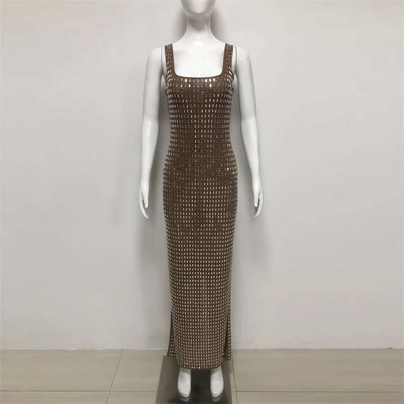 فستان حفلة موسيقية بكريستال بني مثير مخطط بدون أكمام أنيق طويل للحفلات والعطلات الرسمية وحفلات الزفاف وأعياد الميلاد والمكتب للسيدات