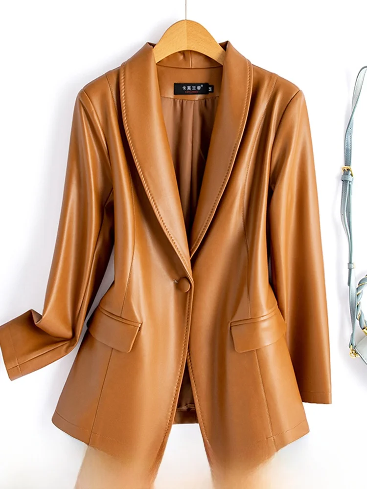 Bla ort Jaet-Damenanzug aus echtem Eepskin-Leder, 2025, Frühling, neuer Sle Commute Sle Slim Fit, lange Sve-T-Shirt-Knöpfe