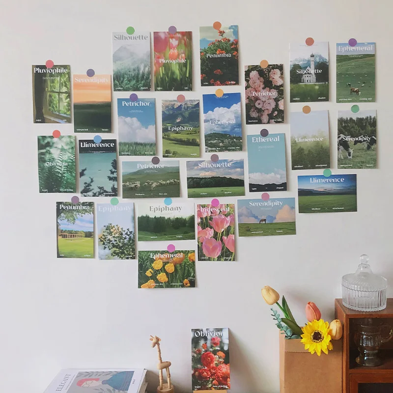 30Pcs Nordic Green Hill Pasture Nature Print Poster Stickers Landscape Postcard Home Dormitory Wall Art Background Wall Decor